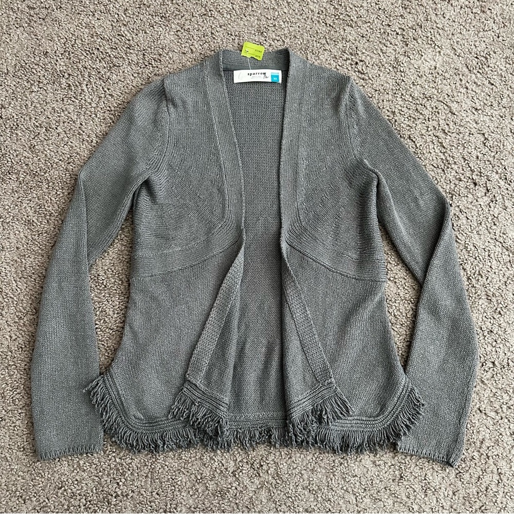 Sparrow Gray Knit Open Front Curve Fringe Hem Cardigan XS
